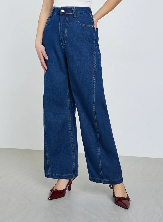 Styli Women Wide Leg Cut and Sew Panel Jeans